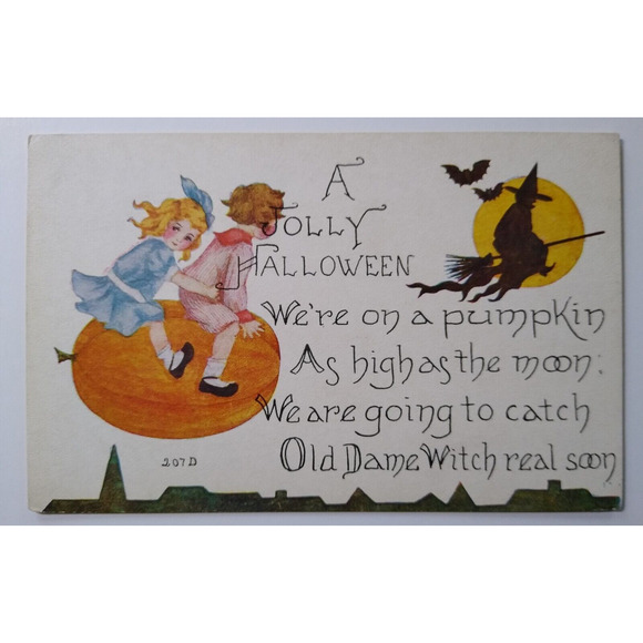Halloween Postcard Children Flying On Pumpkin Air Craft Witch Moon 207 FA Owen - Picture 2 of 3